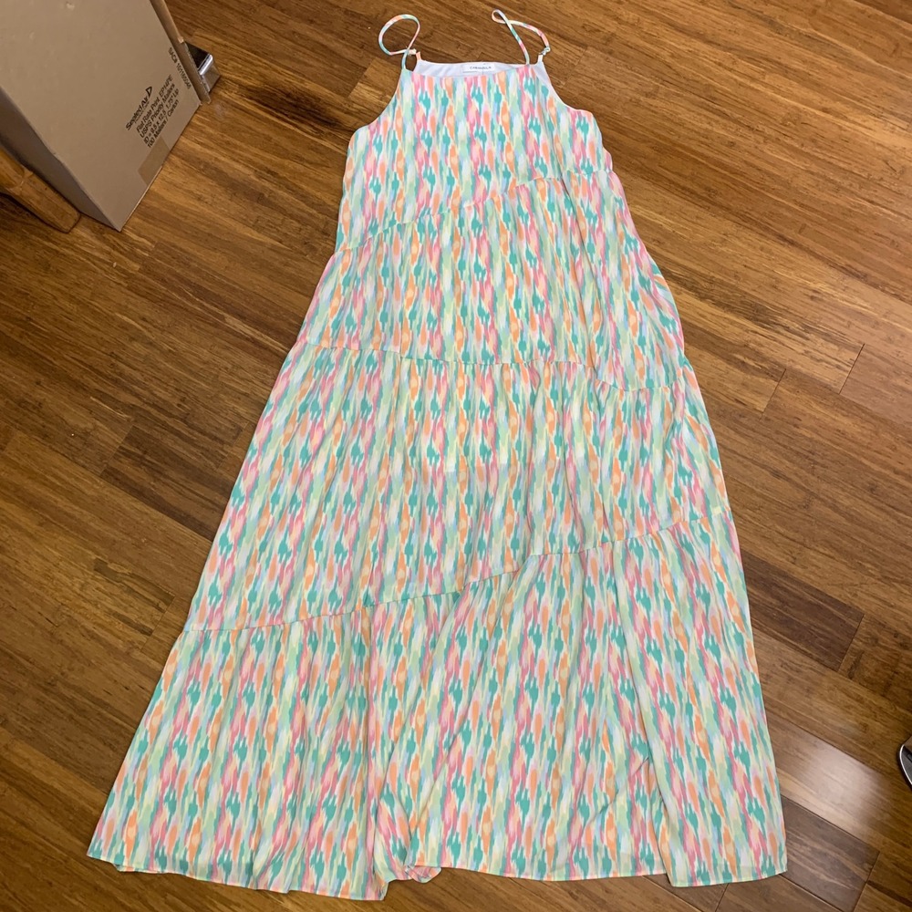 Caramela Irene Maxi Dress Summer Tiered Colorful Size Medium Sundress Flowy NWT